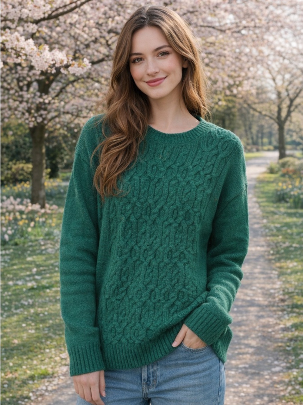 Tommy Hilfiger Preppy Academia Jewel Emerald Green Cable Knit Fall Sweater L